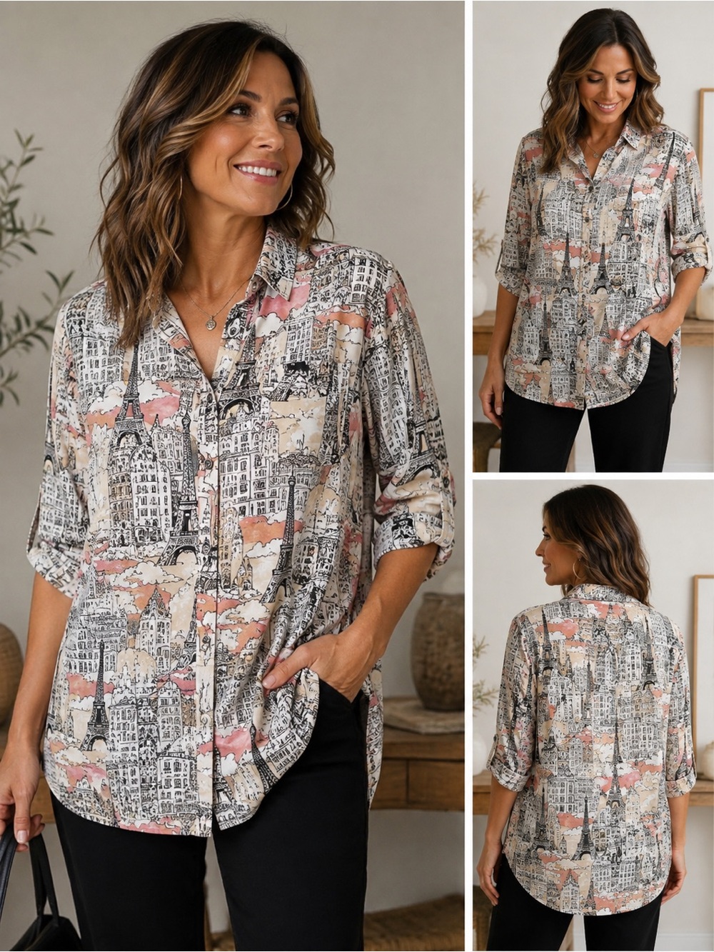 Karl Lagerfeld Paris 1X Eiffel Tower Paris Scenic Print Button Down Blouse Shirt